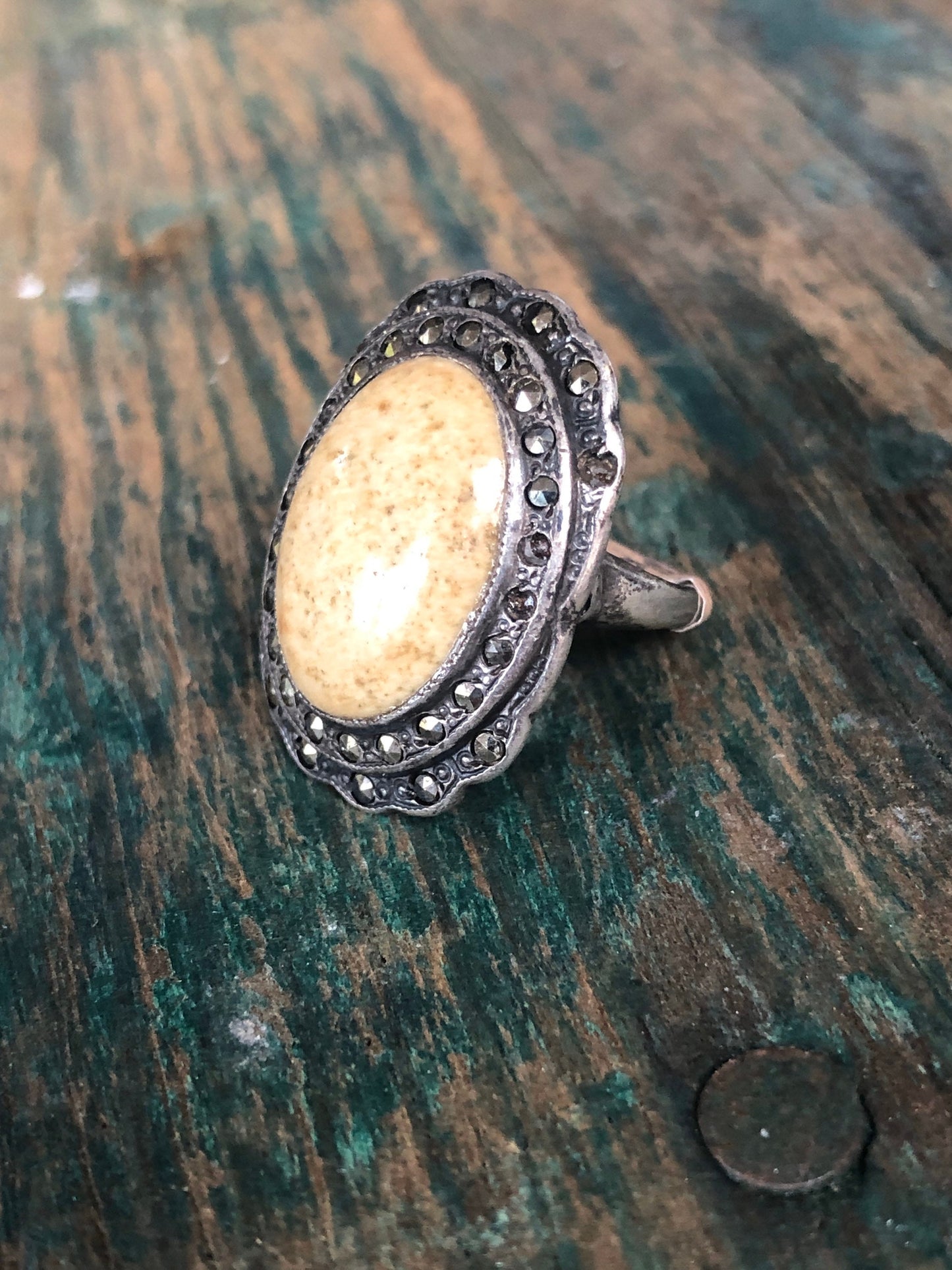 Art Deco Uncas Mfg. Co. Sterling Silver & Marcasite with Large Beige Jasper Ring