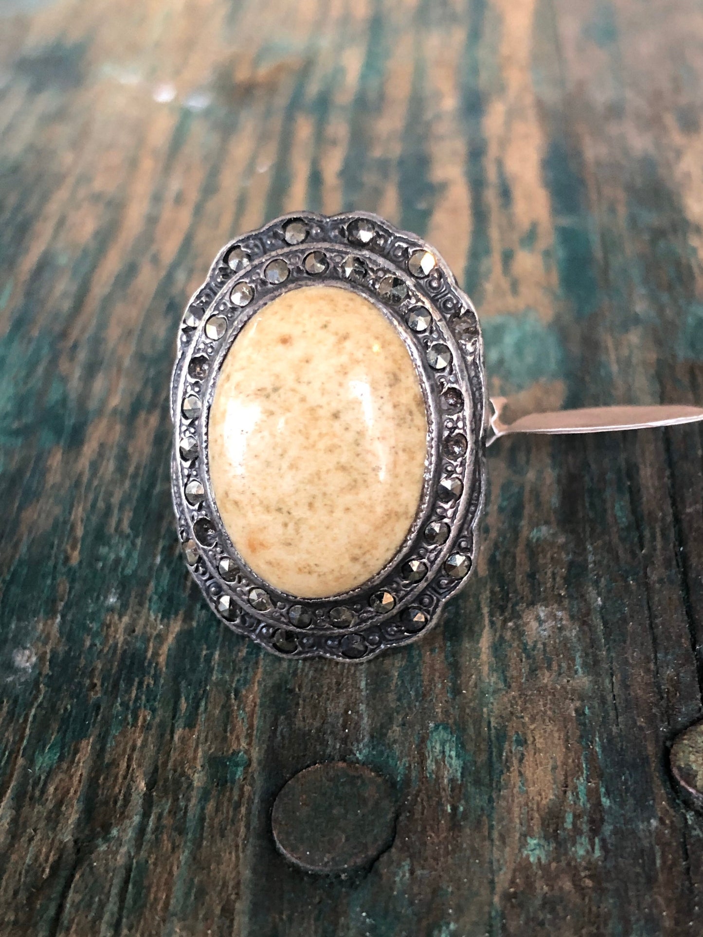 Art Deco Uncas Mfg. Co. Sterling Silver & Marcasite with Large Beige Jasper Ring