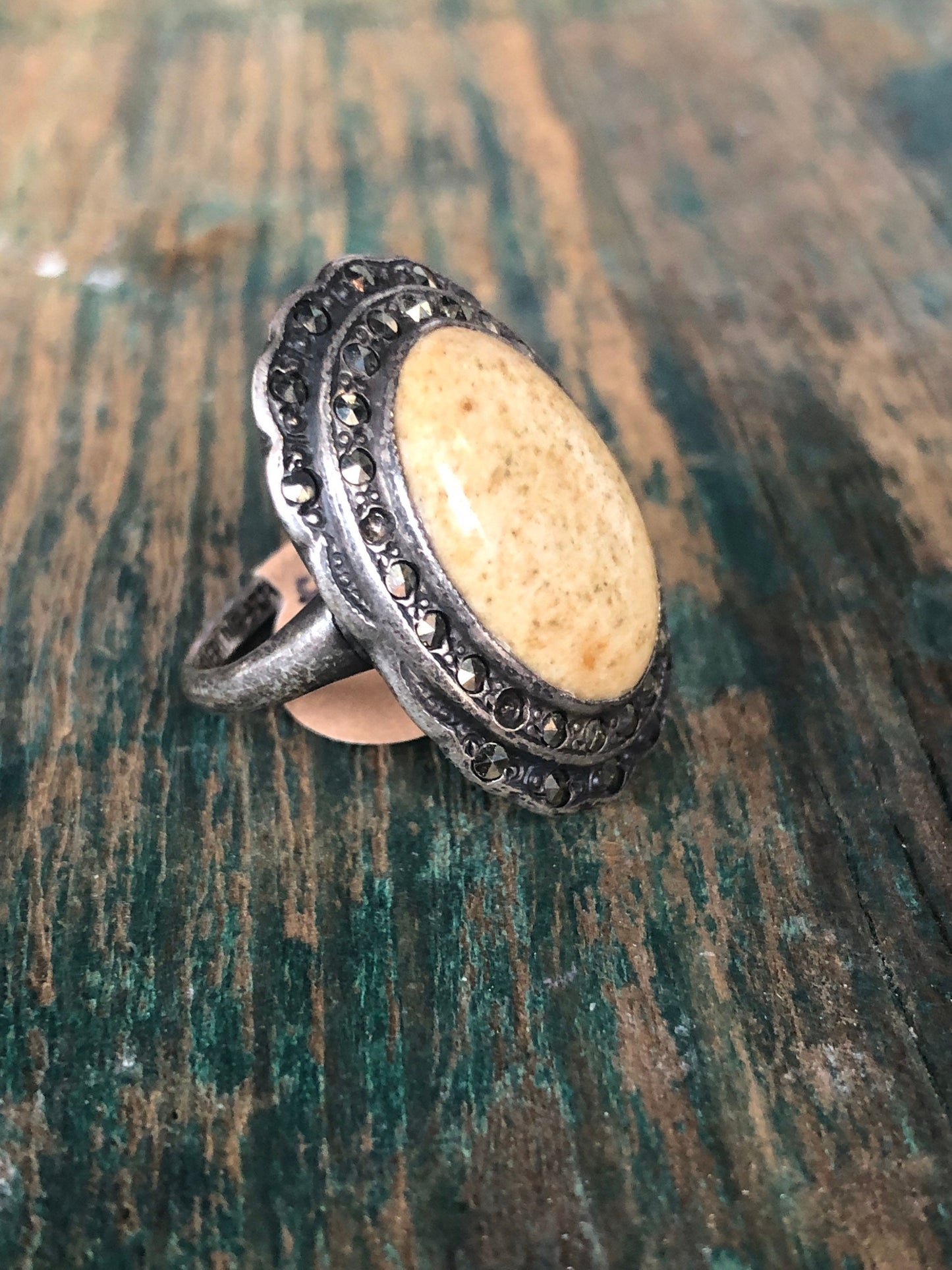 Art Deco Uncas Mfg. Co. Sterling Silver & Marcasite with Large Beige Jasper Ring