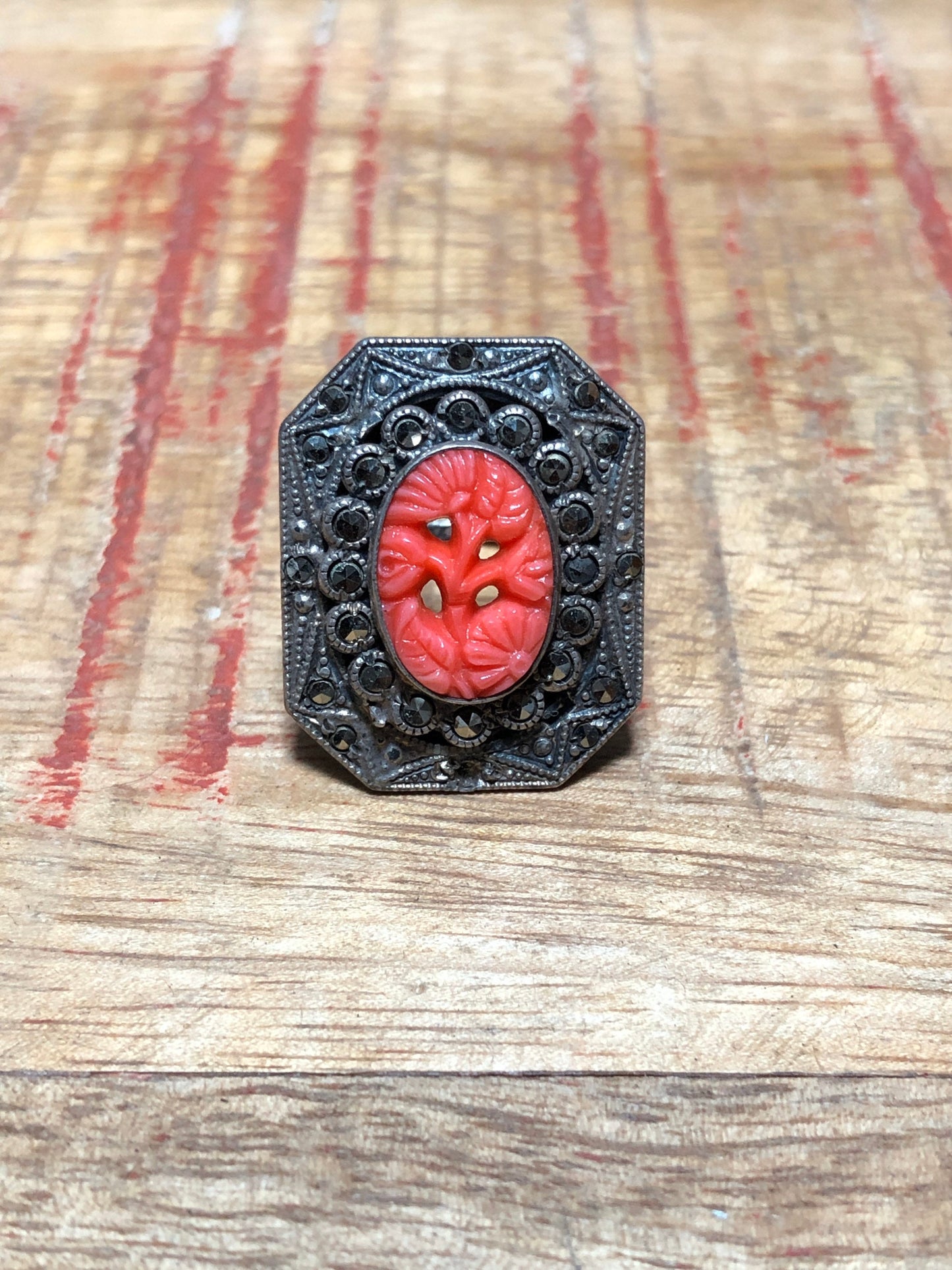 Art Deco Sterling & Marcasite Red Coral Art Glass Ring