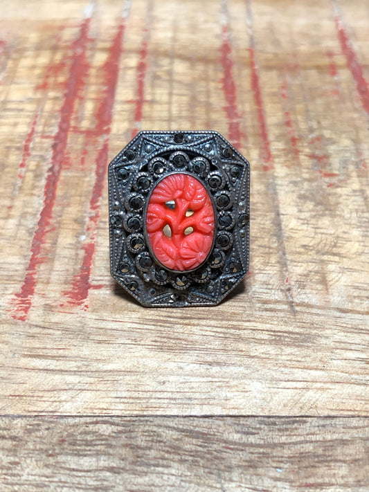 Art Deco Sterling & Marcasite Red Coral Art Glass Ring