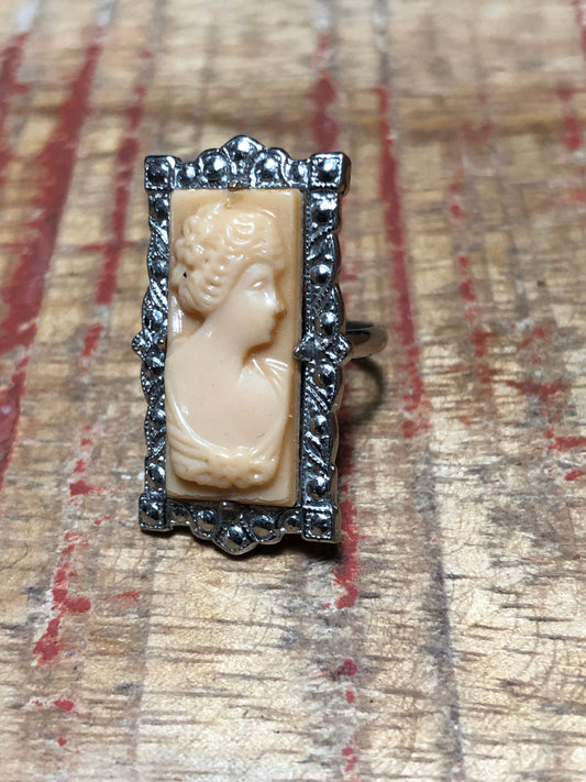 Amazing Celluloid Cameo Sterling Silver & Marcasite Art Deco Ring
