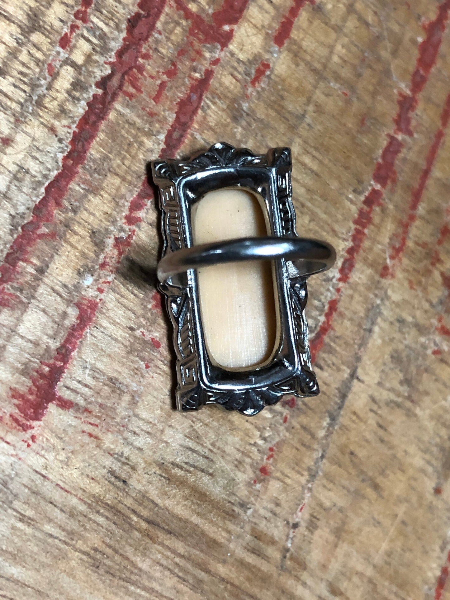 Amazing Celluloid Cameo Sterling Silver & Marcasite Art Deco Ring
