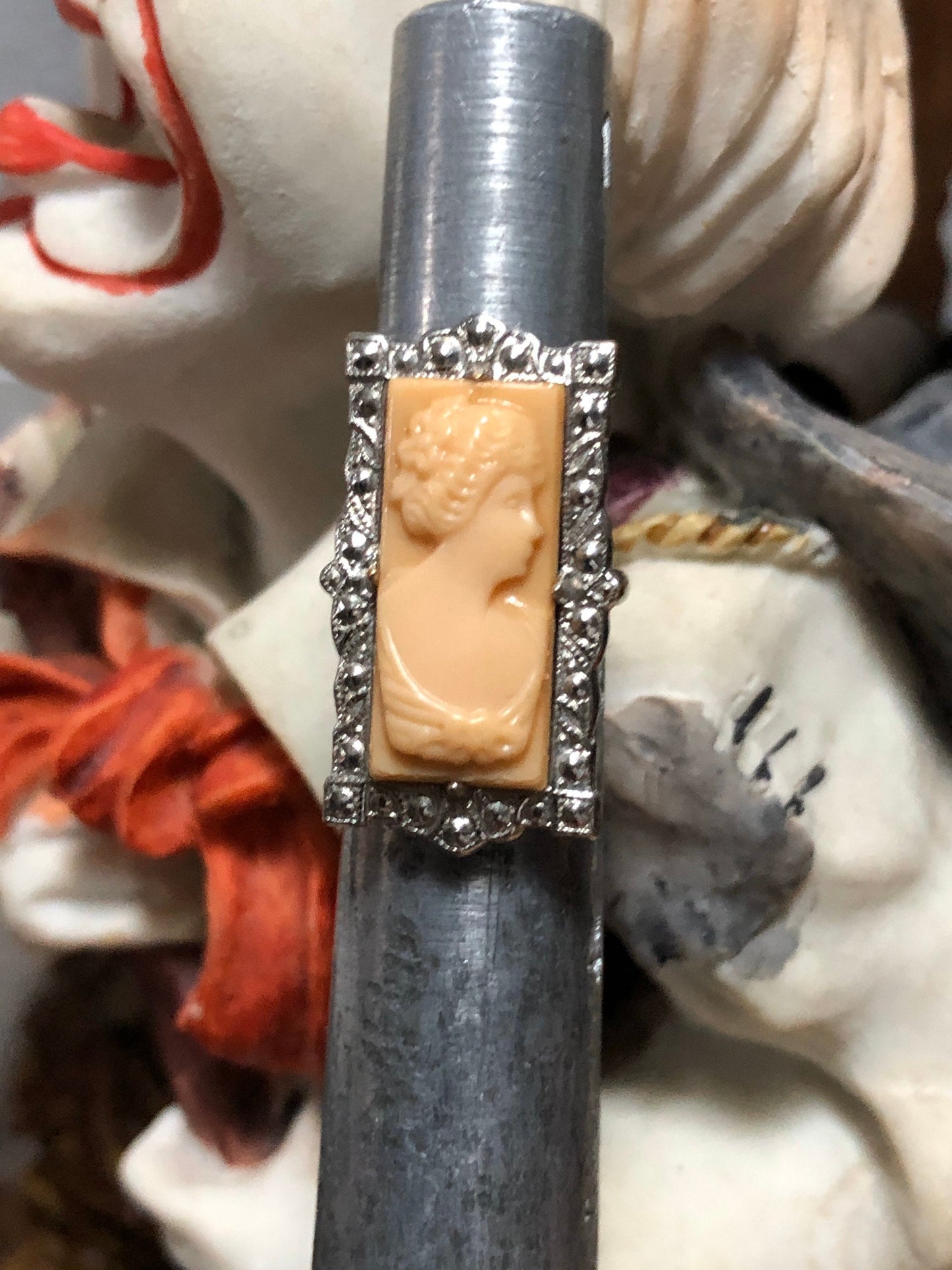 Amazing Celluloid Cameo Sterling Silver & Marcasite Art Deco Ring