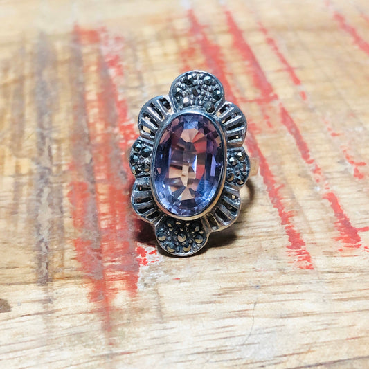 Vintage Art Deco Large Amethyst Sterling Silver & Marcasite Ring