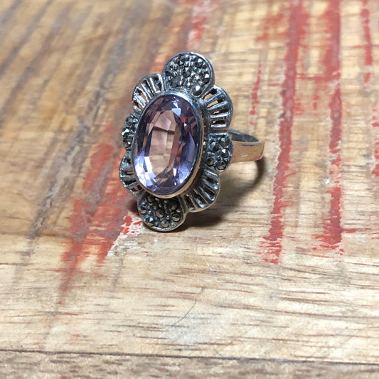Vintage Art Deco Large Amethyst Sterling Silver & Marcasite Ring