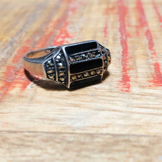 Art Deco Sterling Silver & Marcasite Triple Onyx Gemstone Geometric Ring