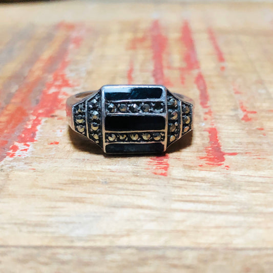 Art Deco Sterling Silver & Marcasite Triple Onyx Gemstone Geometric Ring
