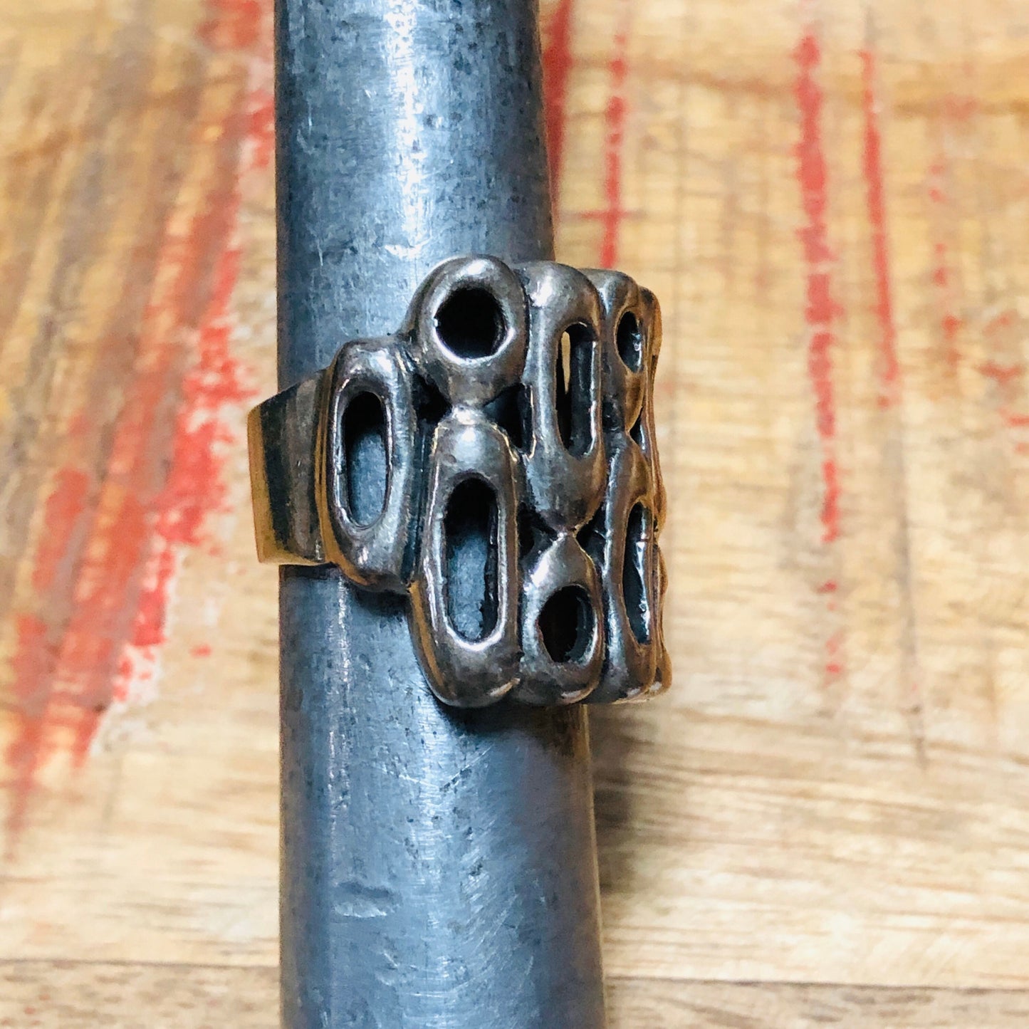 Unique Chunky Cast Sterling Silver Geometric Abstract Mid Century Ring