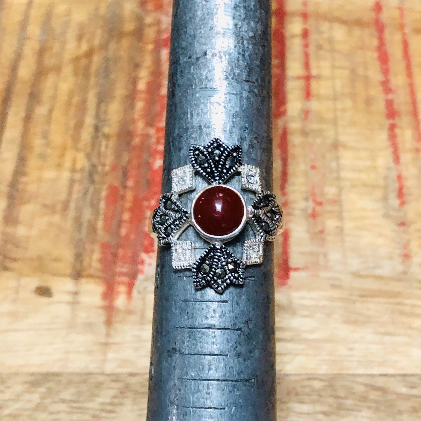 Sterling Silver Art Deco Ruby & Topaz Marcasite Ring