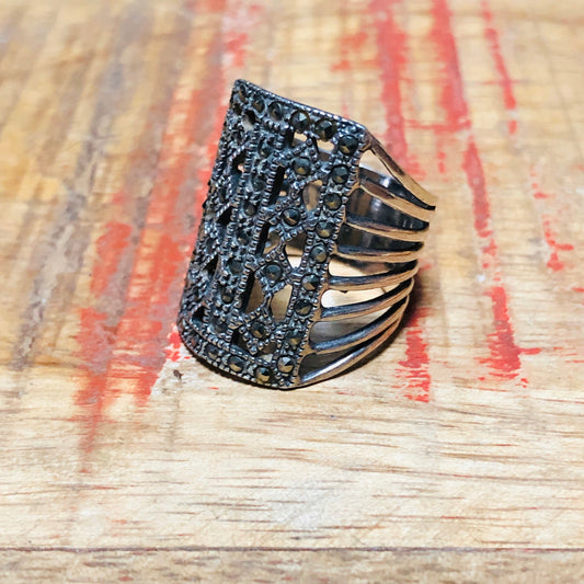 Unique Sterling Silver & Marcasite Long Art Deco Square Ring