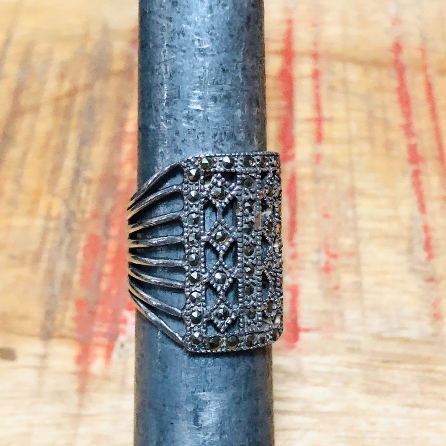 Unique Sterling Silver & Marcasite Long Art Deco Square Ring