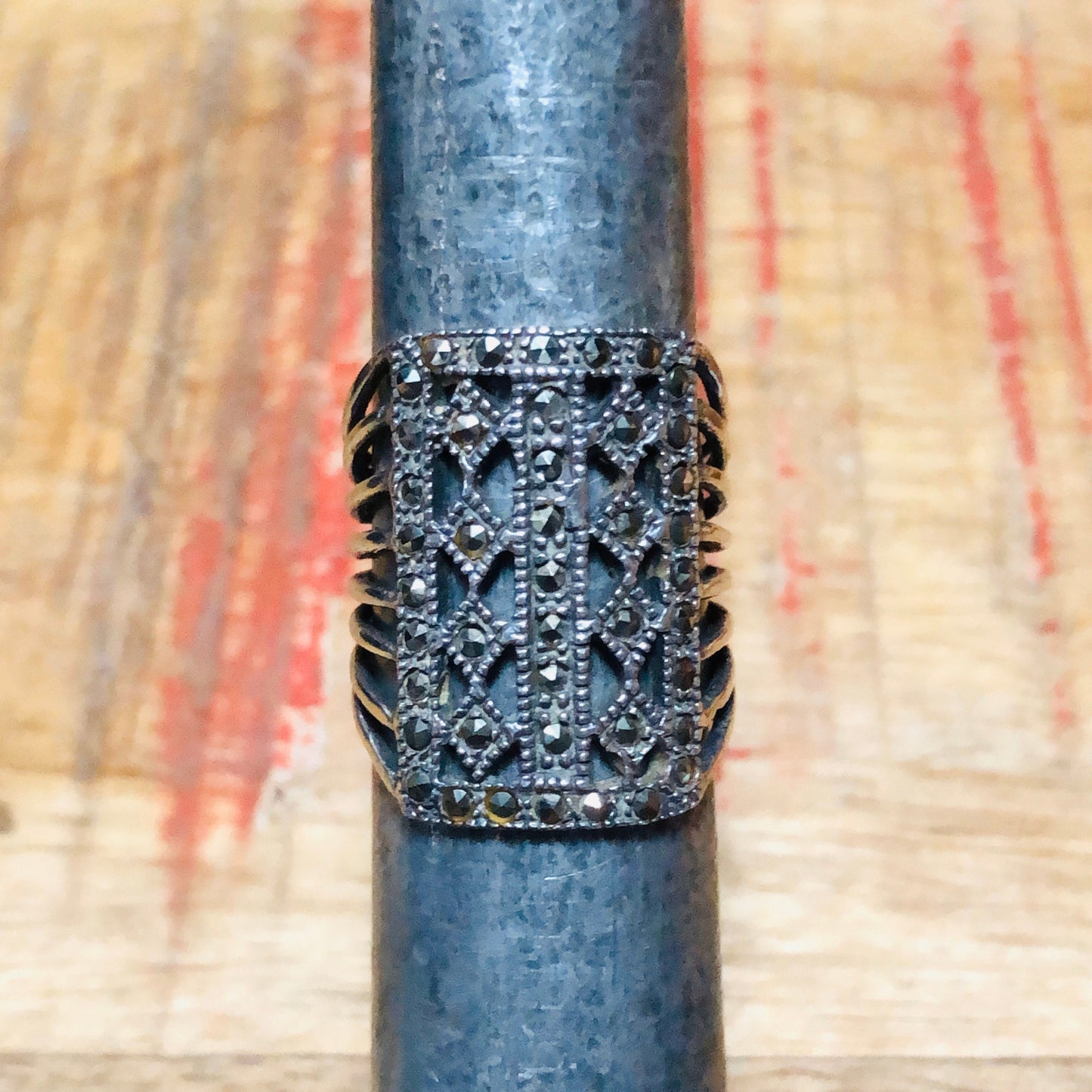 Unique Sterling Silver & Marcasite Long Art Deco Square Ring