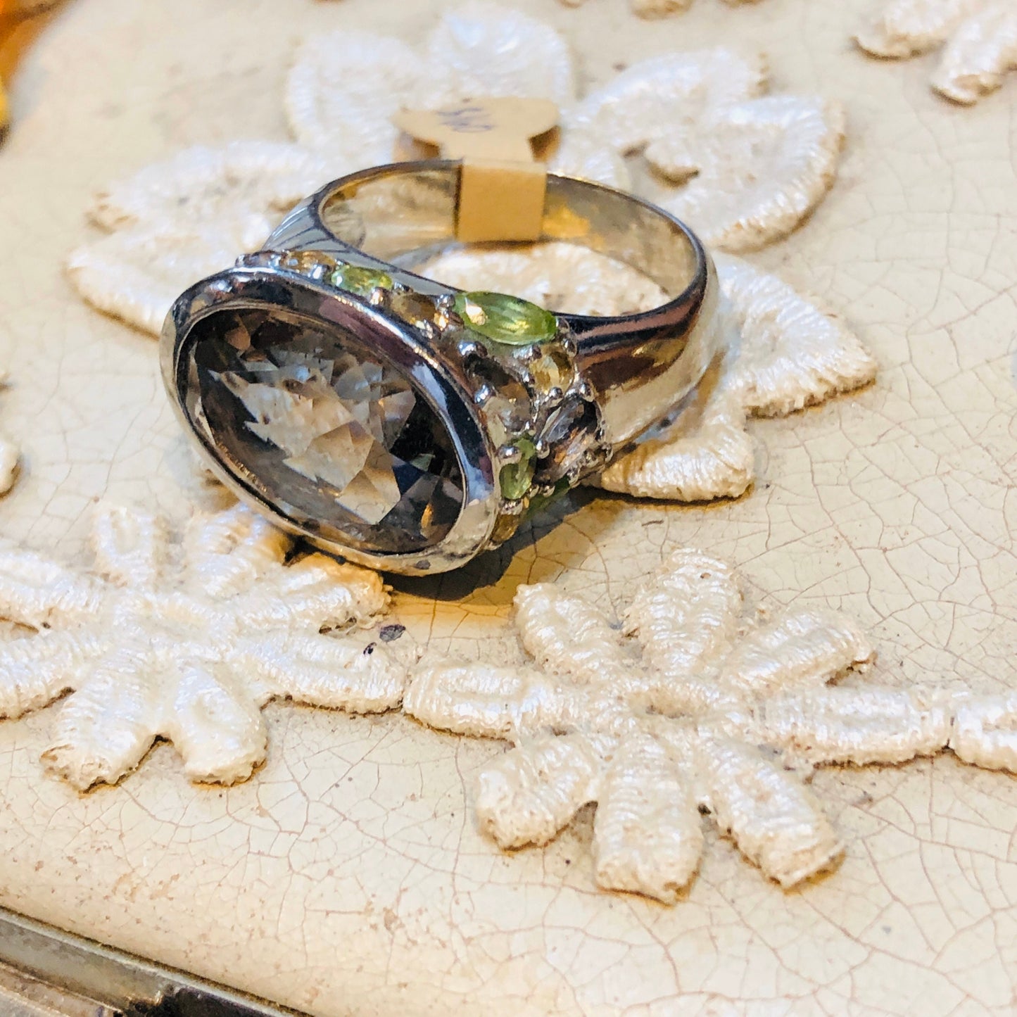 Incredible Unique Sterling Smokey Tooaz, Peridot, Citrine Ring with Taupe Animal Print Enamel