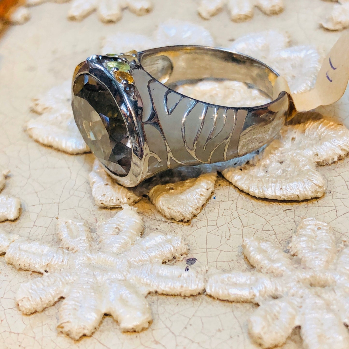 Incredible Unique Sterling Smokey Tooaz, Peridot, Citrine Ring with Taupe Animal Print Enamel