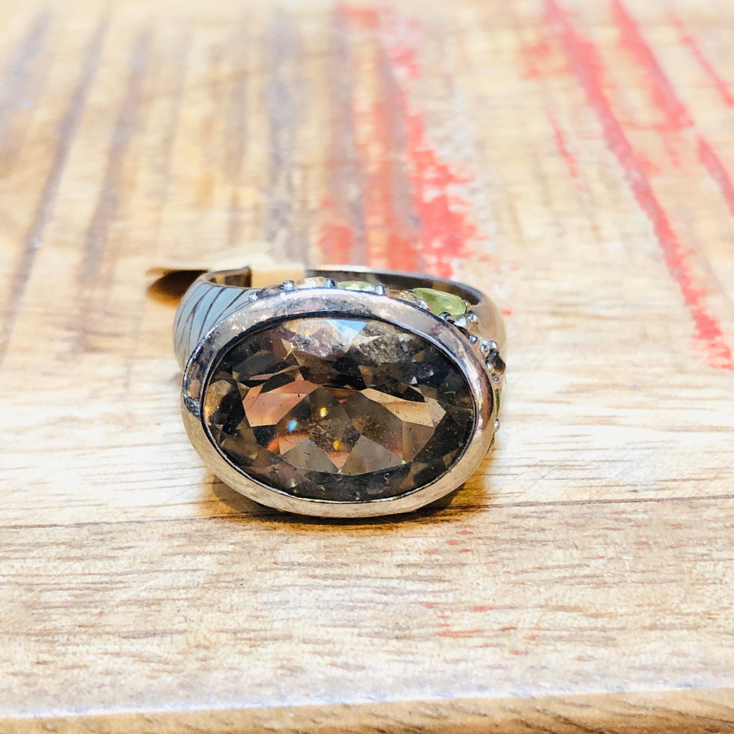 Incredible Unique Sterling Smokey Tooaz, Peridot, Citrine Ring with Taupe Animal Print Enamel
