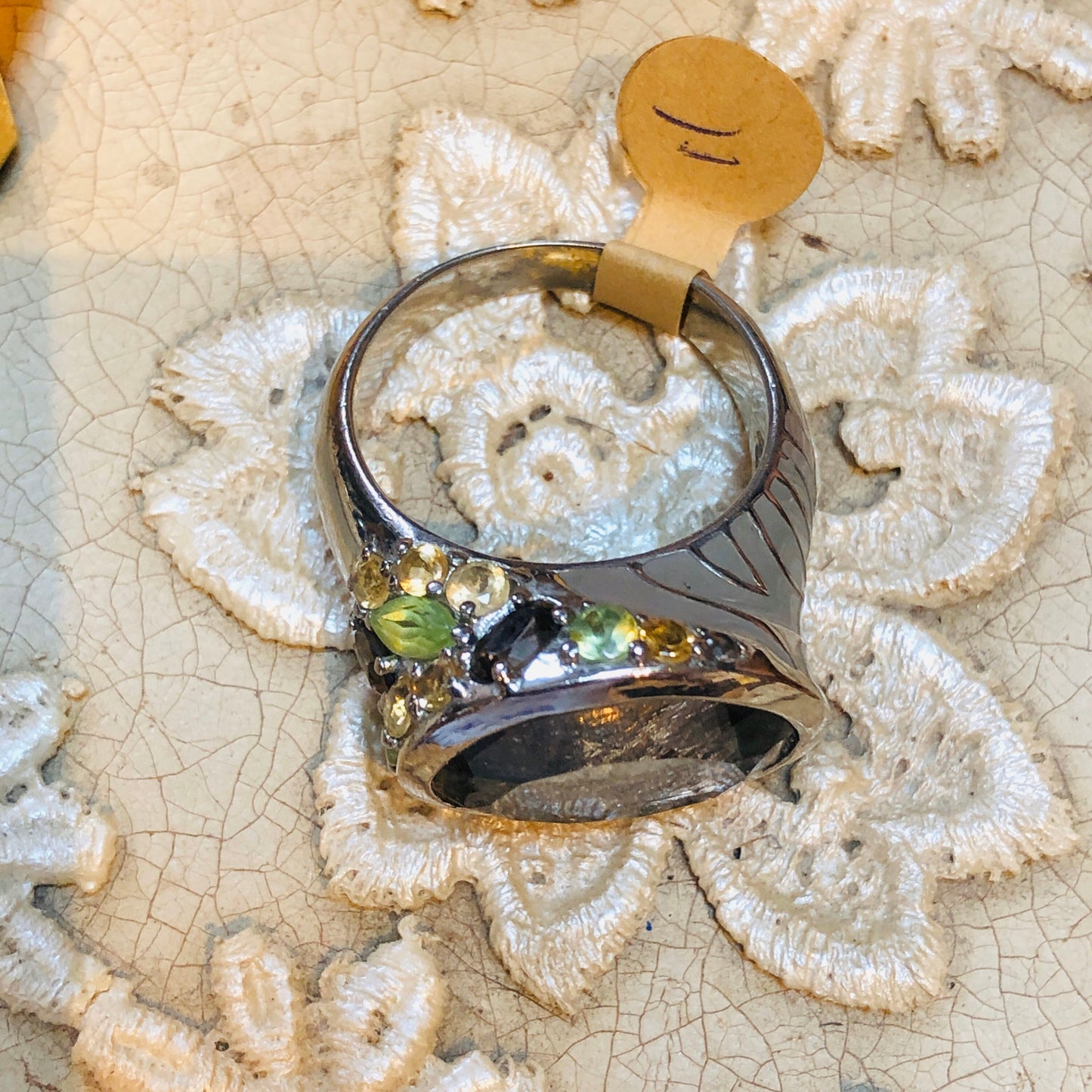 Incredible Unique Sterling Smokey Tooaz, Peridot, Citrine Ring with Taupe Animal Print Enamel