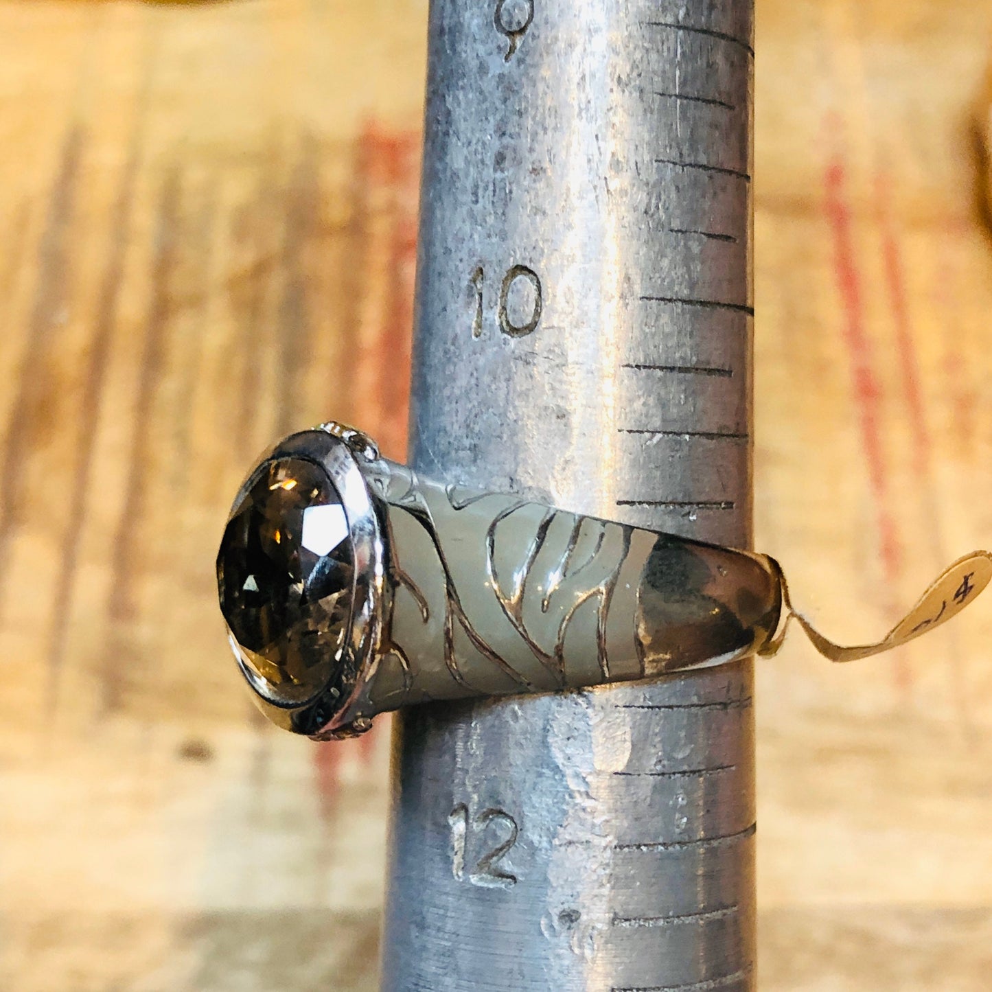 Incredible Unique Sterling Smokey Tooaz, Peridot, Citrine Ring with Taupe Animal Print Enamel