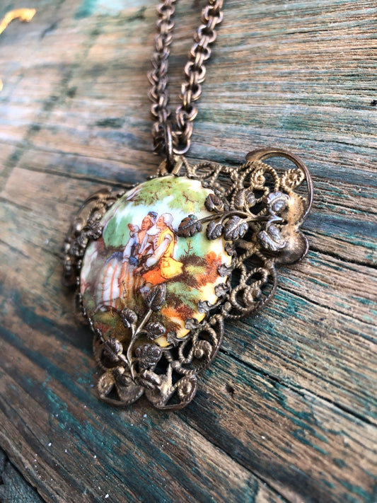 Victorian Courting Couple Limoge Signed Sam Biern NY Cameo Necklace