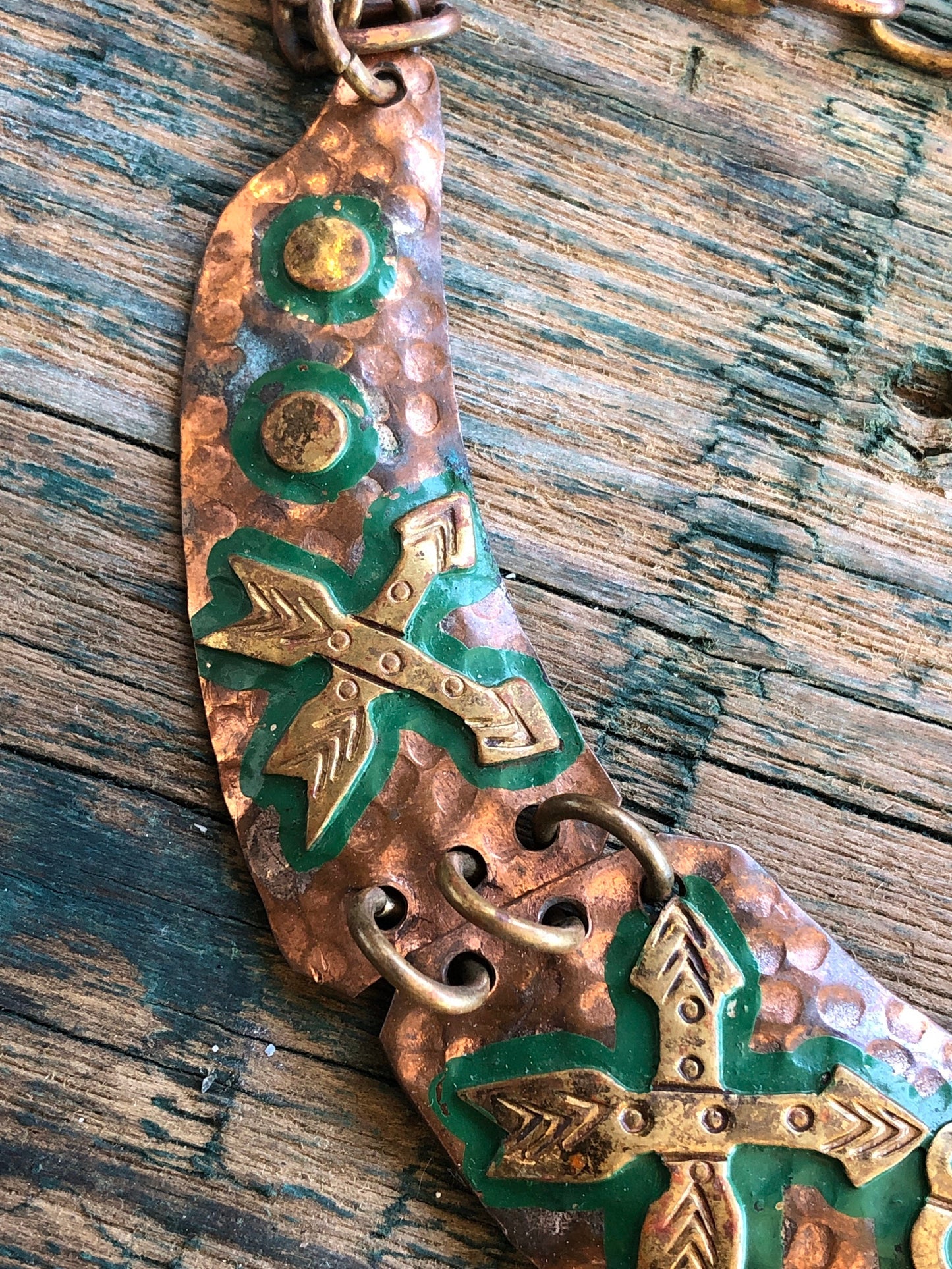 Mexican tribal hand hammered copper and brace tribal mask and arrow choker necklace