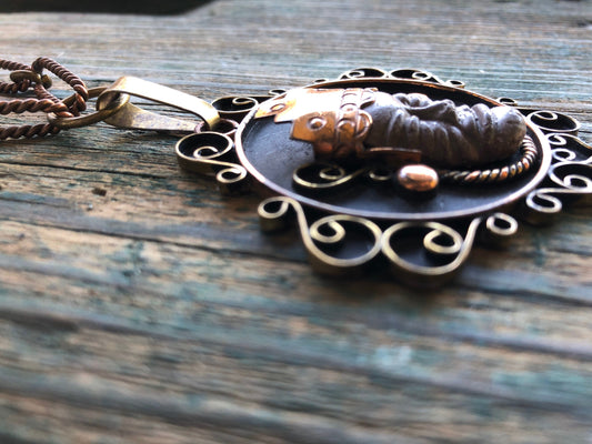 Mexican copper and brass chain necklace with Jasper stone face pendant
