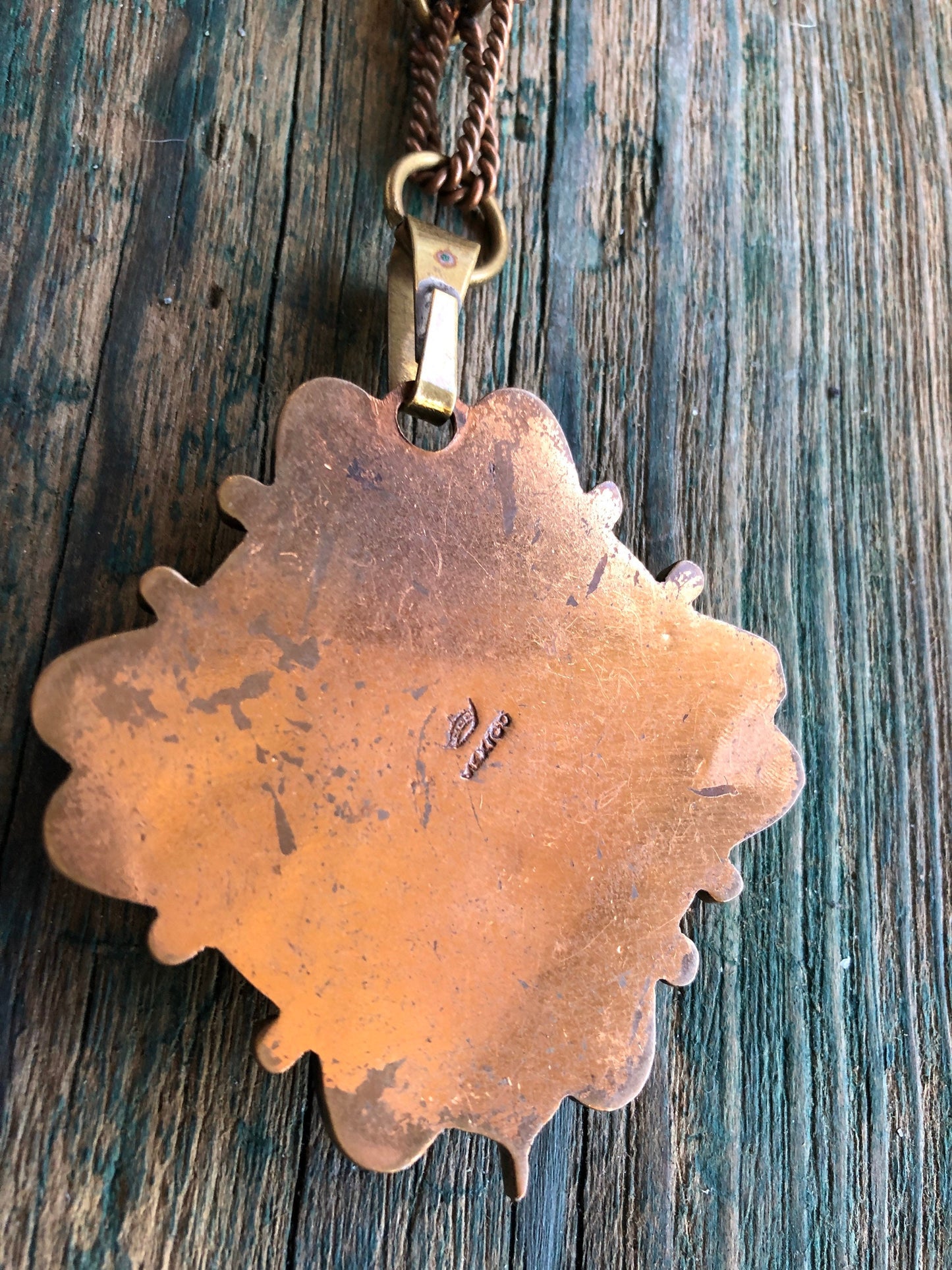 Mexican copper and brass chain necklace with Jasper stone face pendant