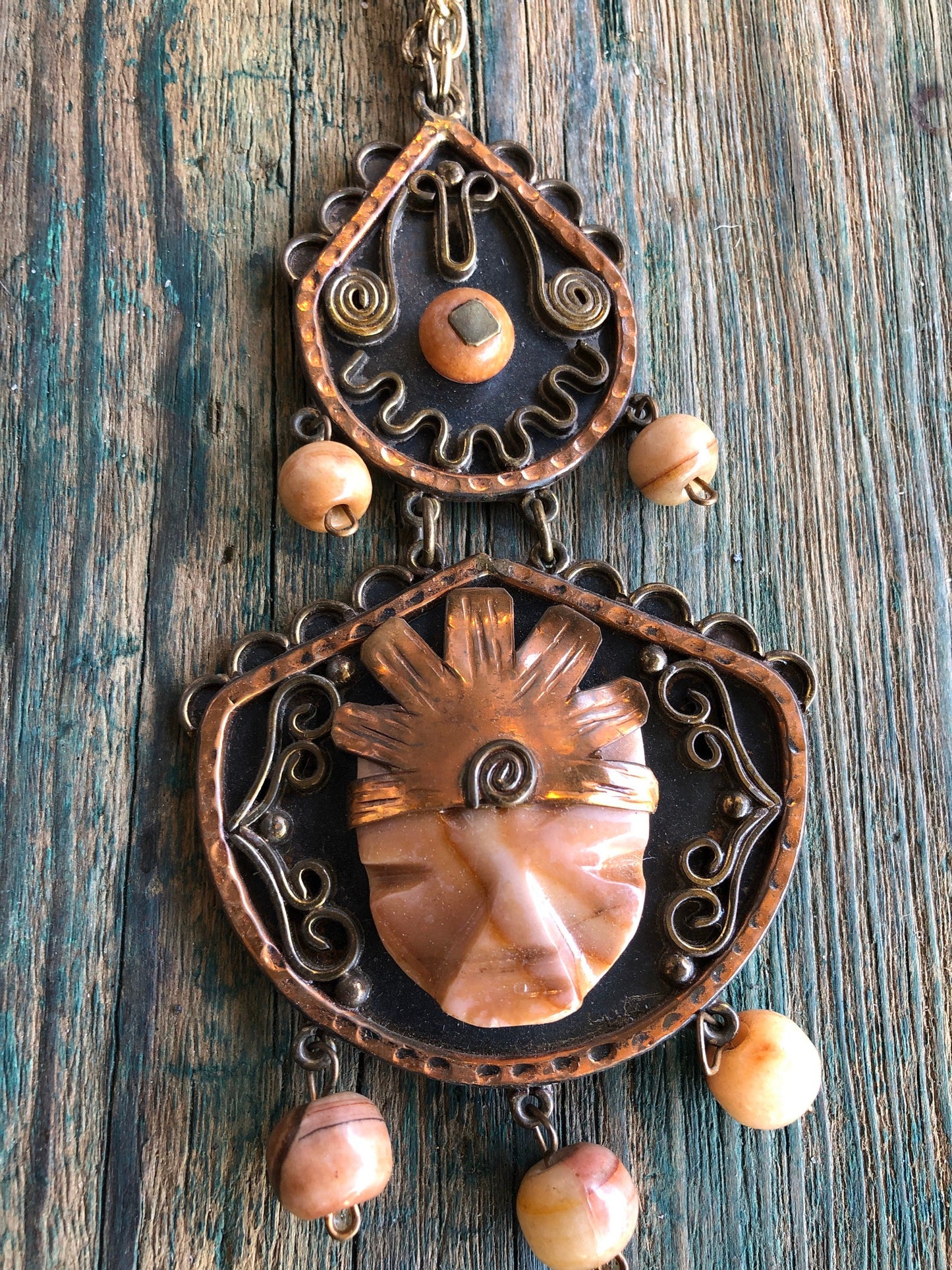 Copper & Brass Tribal Orange Agate gemstone face Necklace