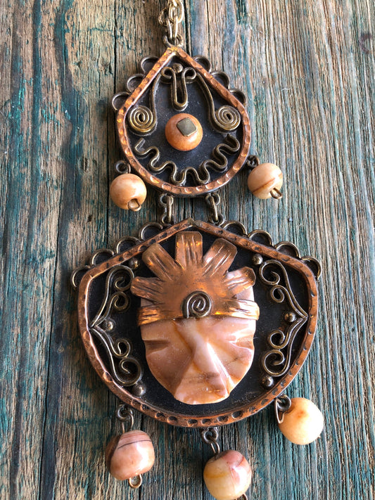 Copper & Brass Tribal Orange Agate gemstone face Necklace