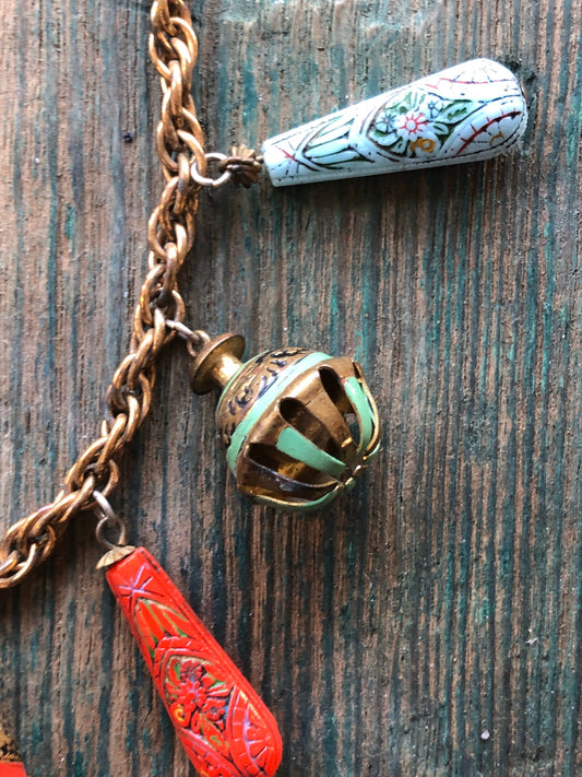 Art Nouveau Egyptian Painted Glyph Molded Art Glass & Bell Charm Necklace