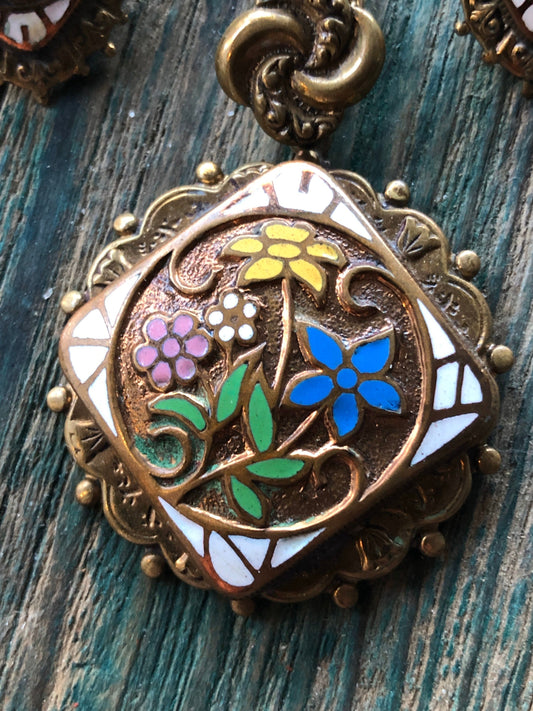 Gorgeous Art Nouveau Gilded Brass Cloissione enamel Necklace and Earring set