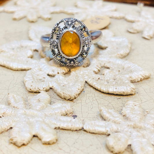 Art Deco Sterling Silver & Marcasite Citrine Gemstone Ring