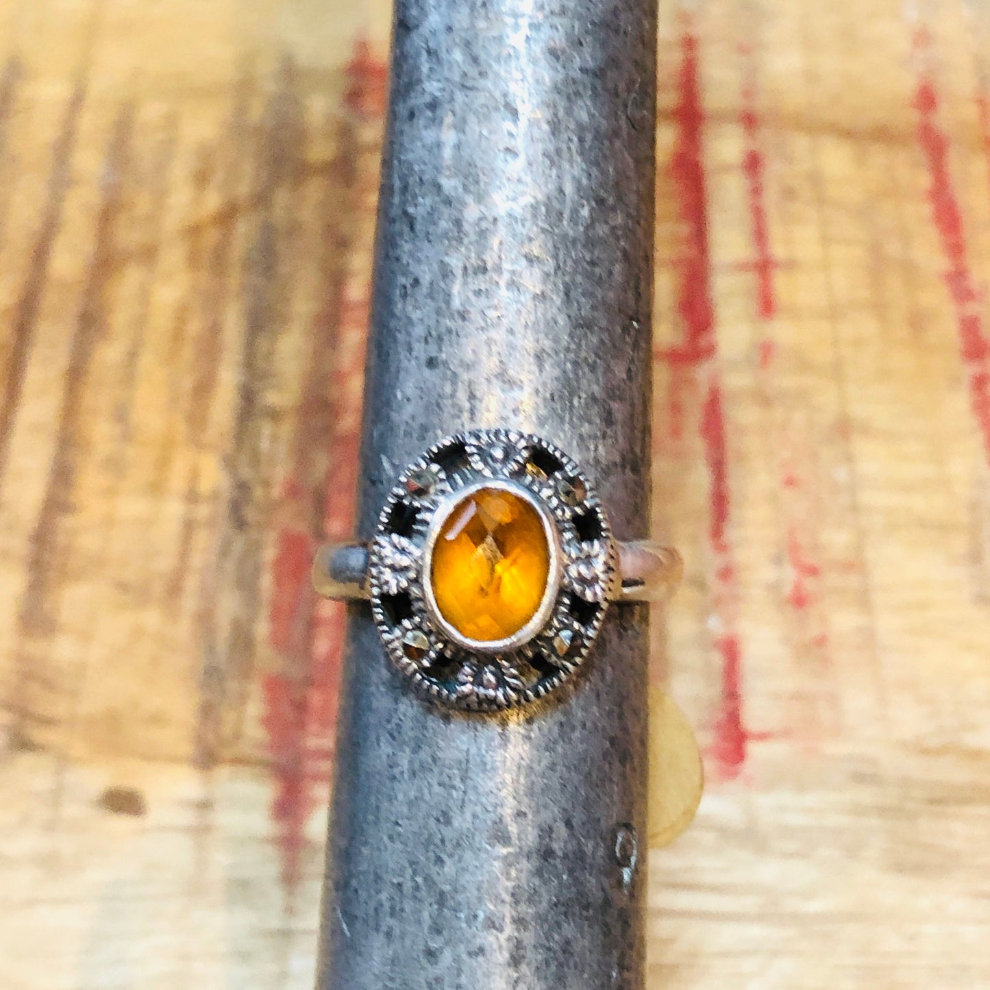 Art Deco Sterling Silver & Marcasite Citrine Gemstone Ring