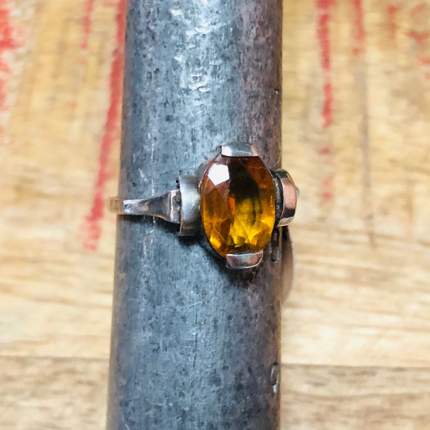 Art Deco Sterling Silver Citrine Geometric Cast Square print Set Ring