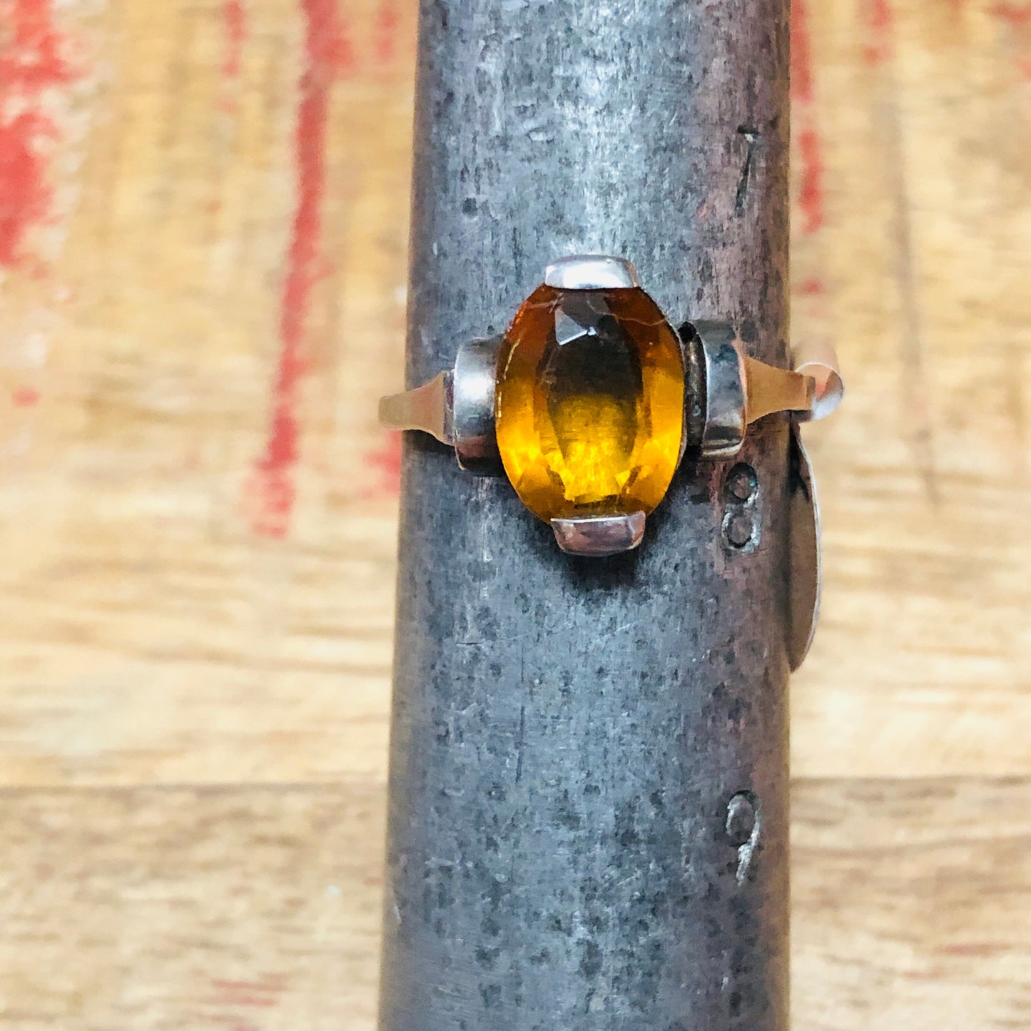 Art Deco Sterling Silver Citrine Geometric Cast Square print Set Ring