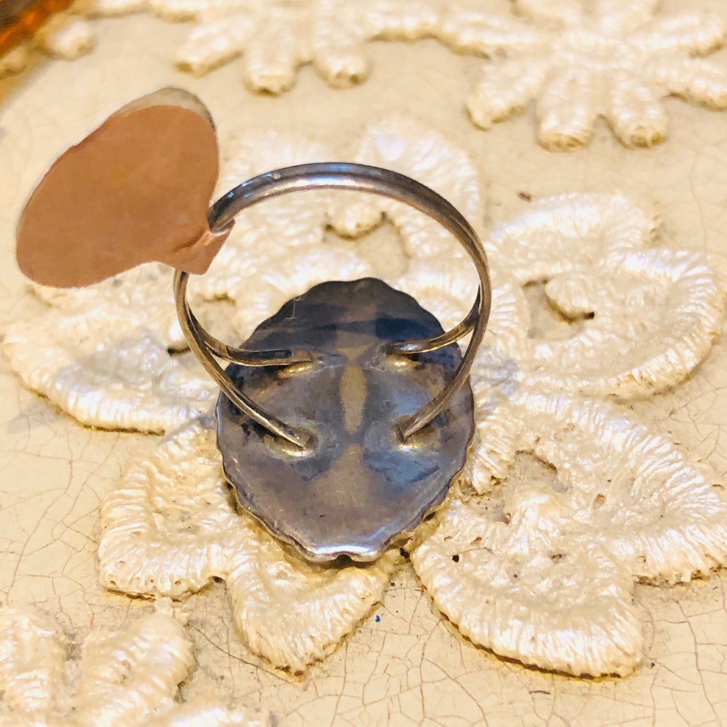 Vintage Zuni Native American Sterling Silver & Mother of Pearl with silver inlay Diamond Shaped Ring