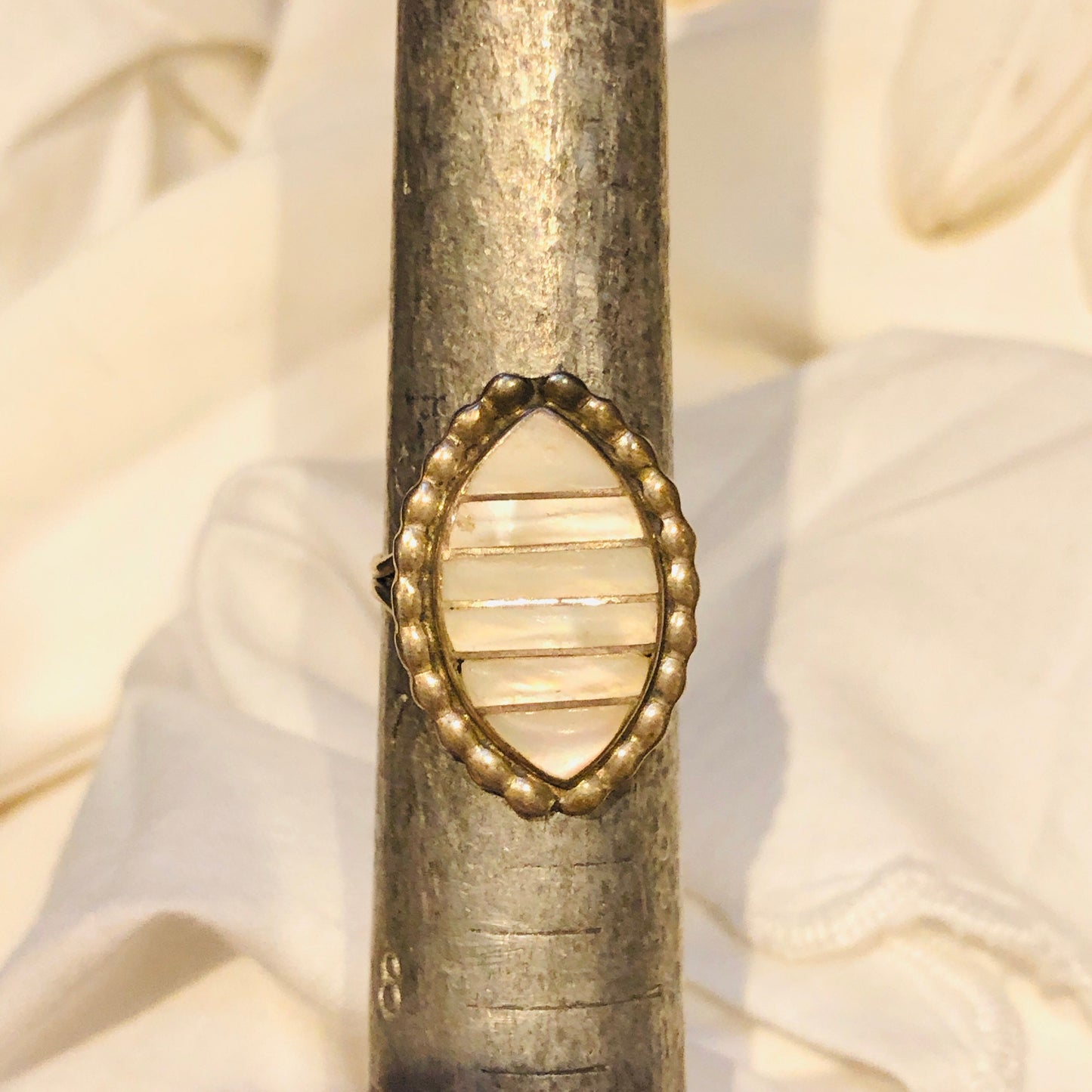 Vintage Zuni Native American Sterling Silver & Mother of Pearl with silver inlay Diamond Shaped Ring