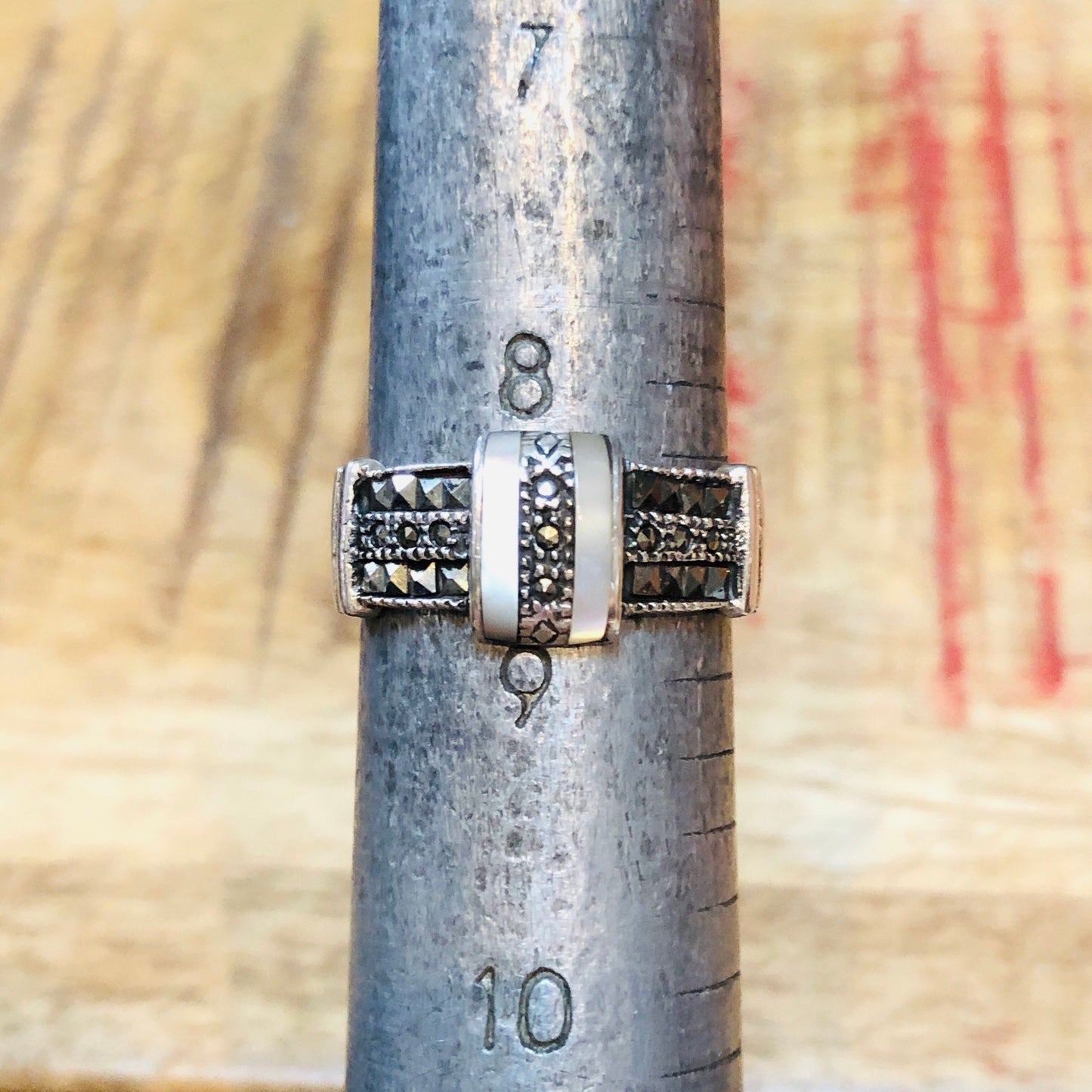 Art Deco Geometric Mother of Pearl Sterling Silver & Marcasite Ring