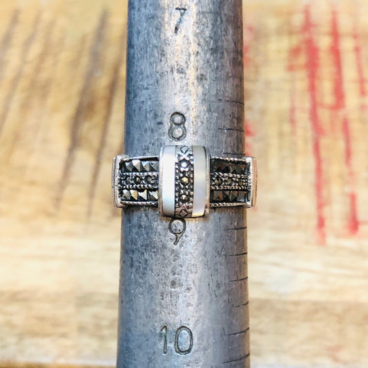 Art Deco Geometric Mother of Pearl Sterling Silver & Marcasite Ring