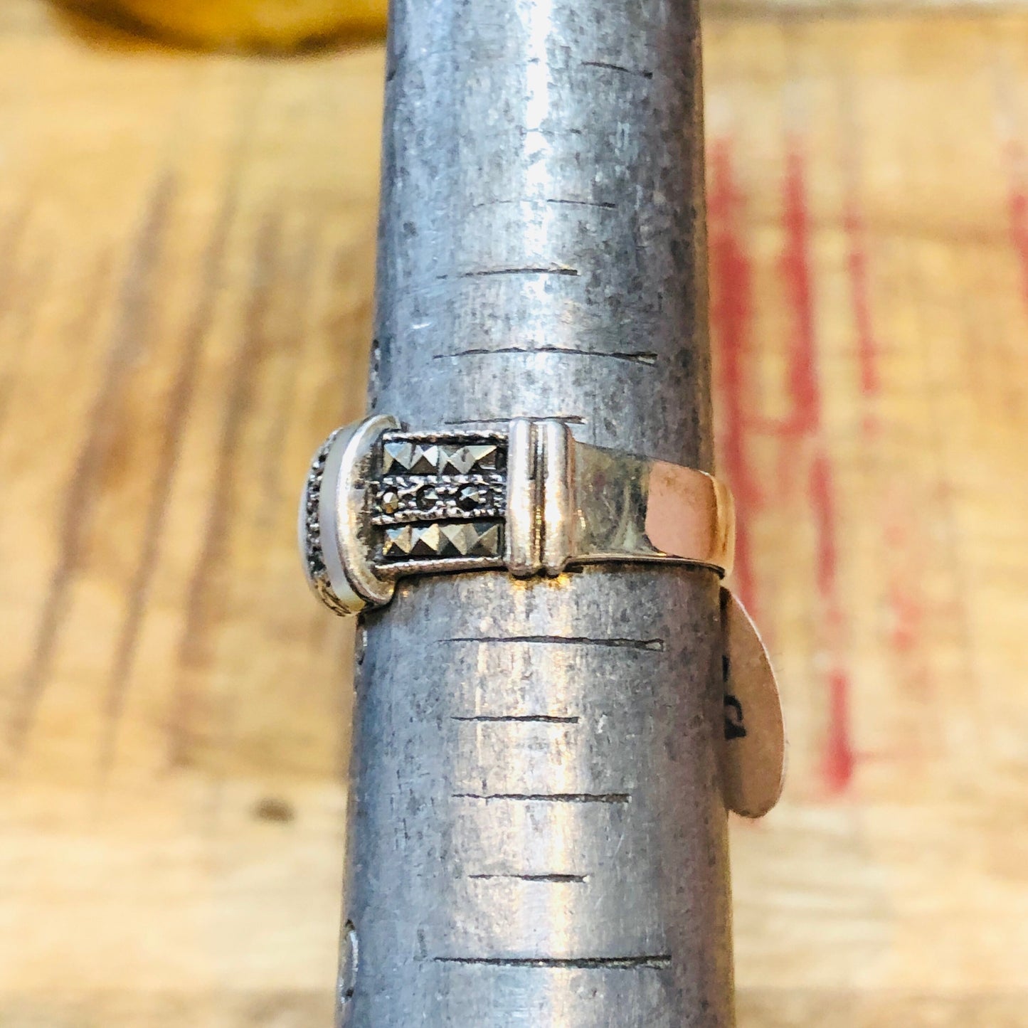 Art Deco Geometric Mother of Pearl Sterling Silver & Marcasite Ring