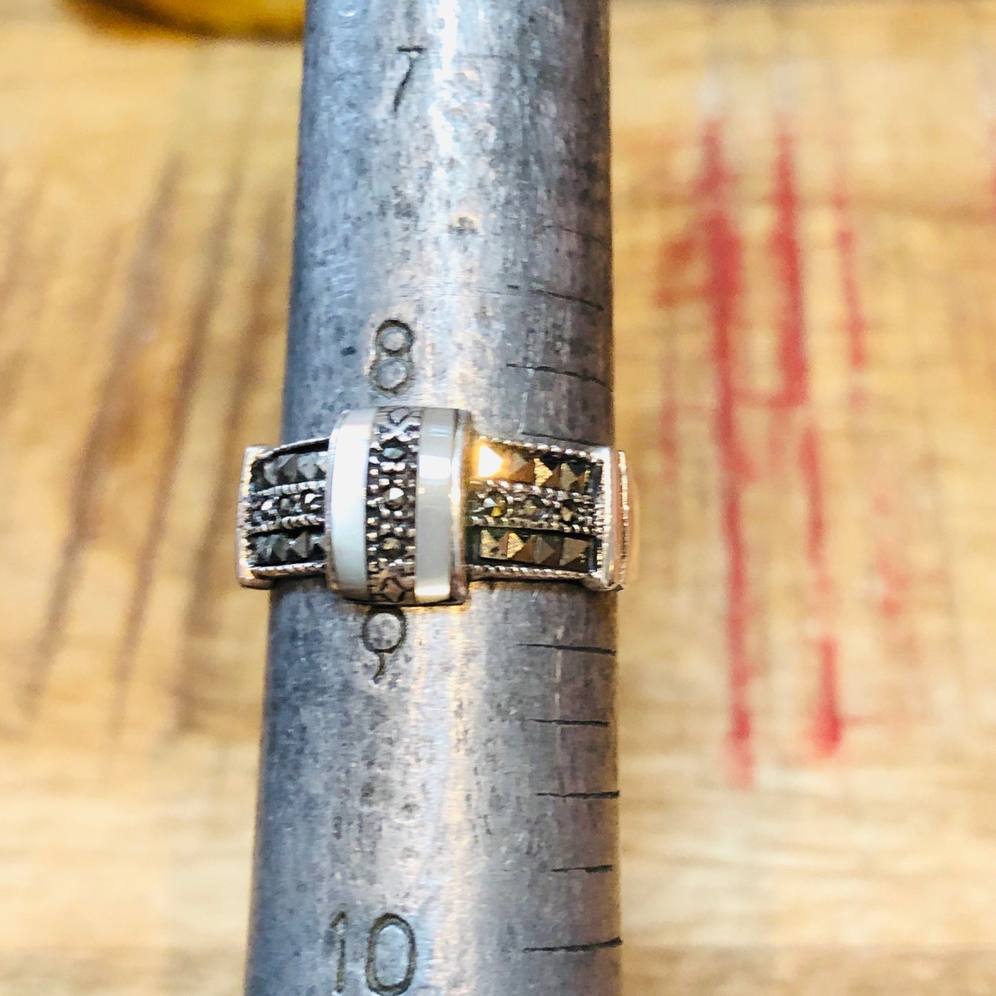 Art Deco Geometric Mother of Pearl Sterling Silver & Marcasite Ring