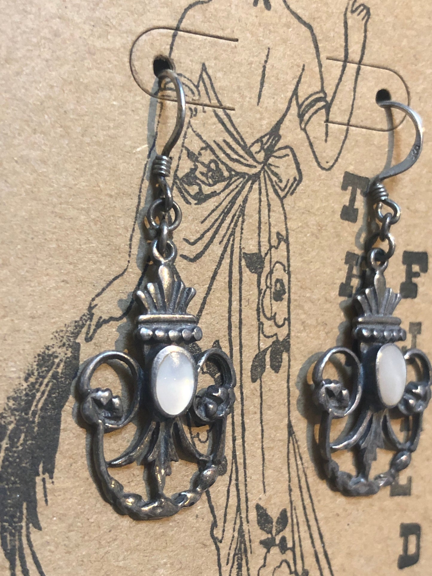 Ornate Art Nouveau Flourish Sterling Silver & Mother of Pearl Dangle Earrings