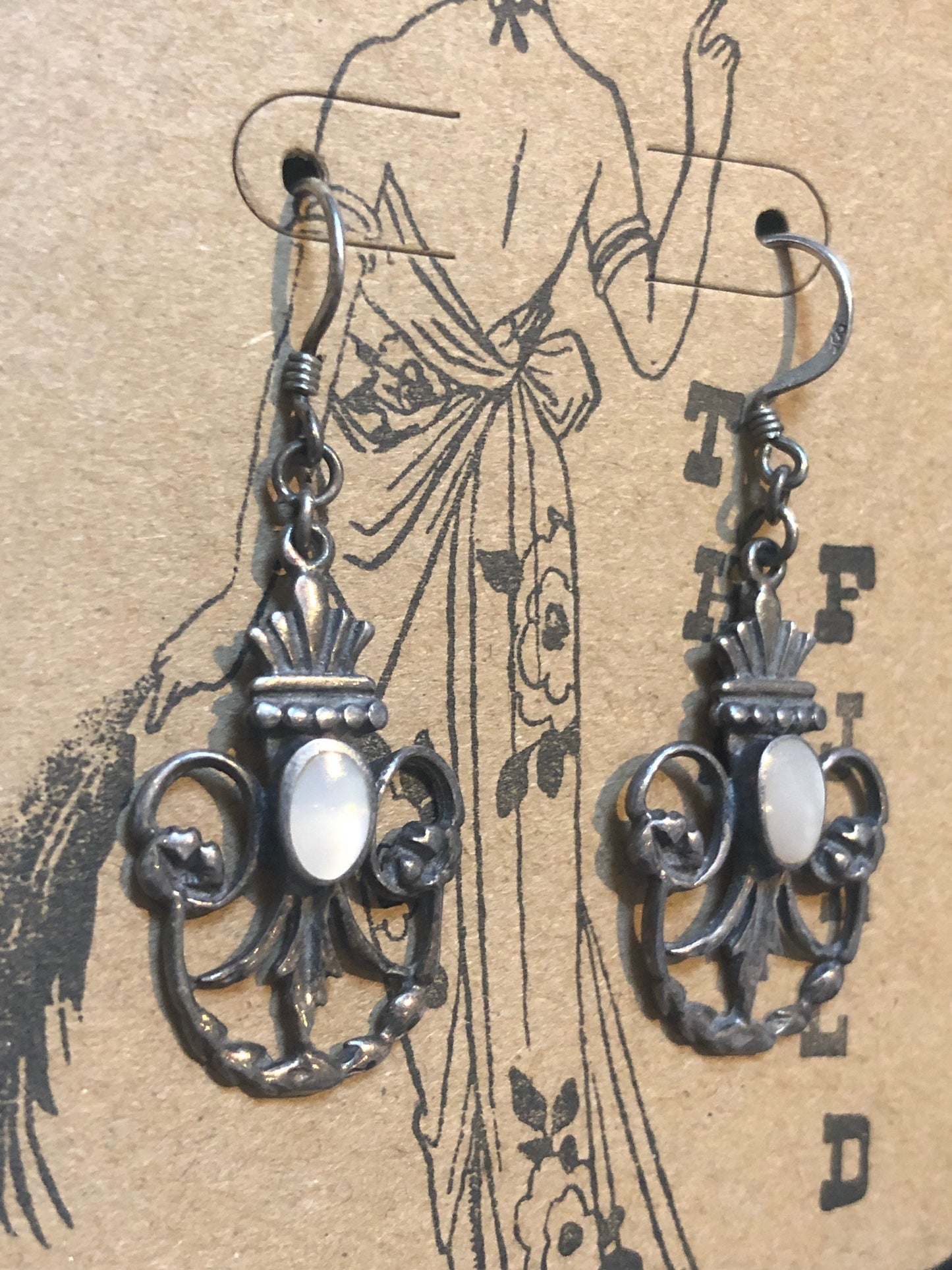 Ornate Art Nouveau Flourish Sterling Silver & Mother of Pearl Dangle Earrings