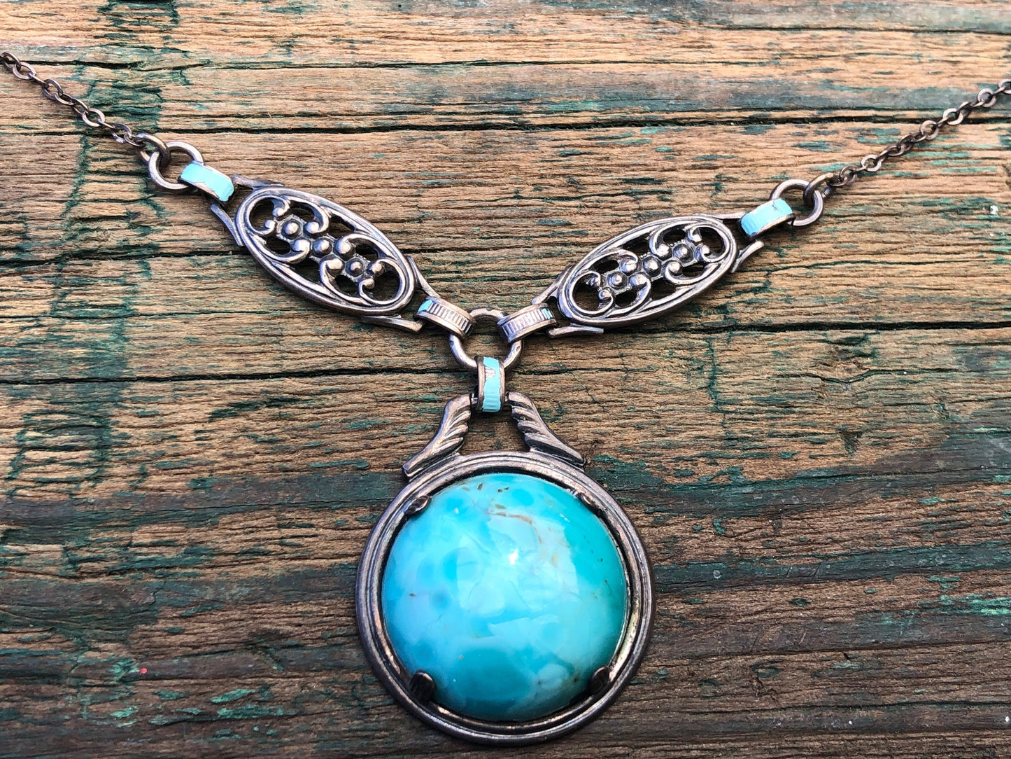 Art Nouveau Sterling Silver & Czech Art Glass Turquoise Larimar Drop Necklace with Blue Enamel.