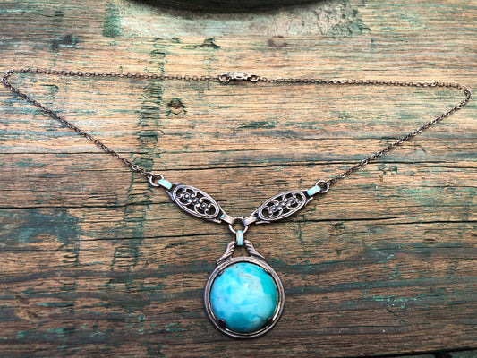Art Nouveau Sterling Silver & Czech Art Glass Turquoise Larimar Drop Necklace with Blue Enamel.