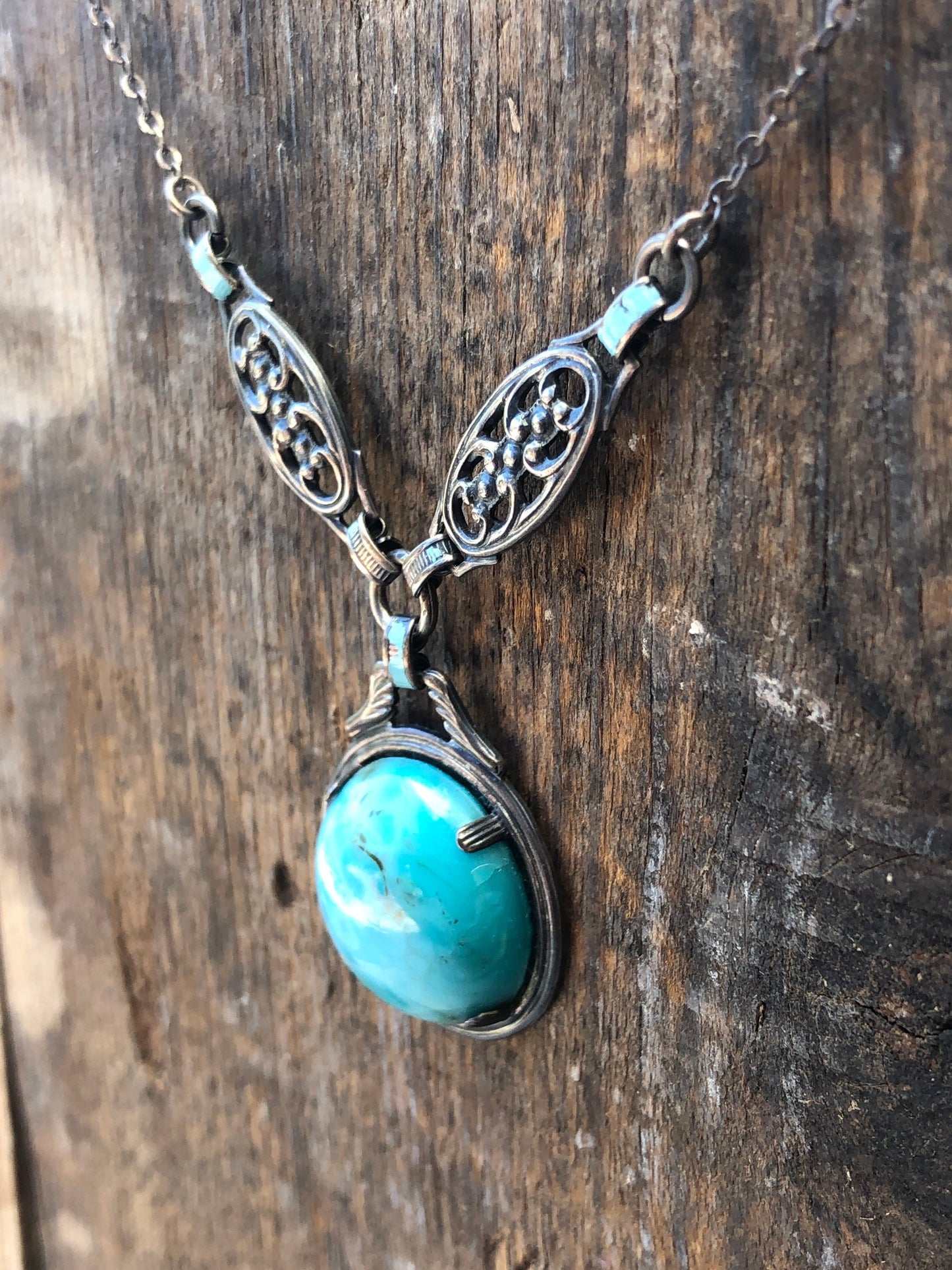 Art Nouveau Sterling Silver & Czech Art Glass Turquoise Larimar Drop Necklace with Blue Enamel.