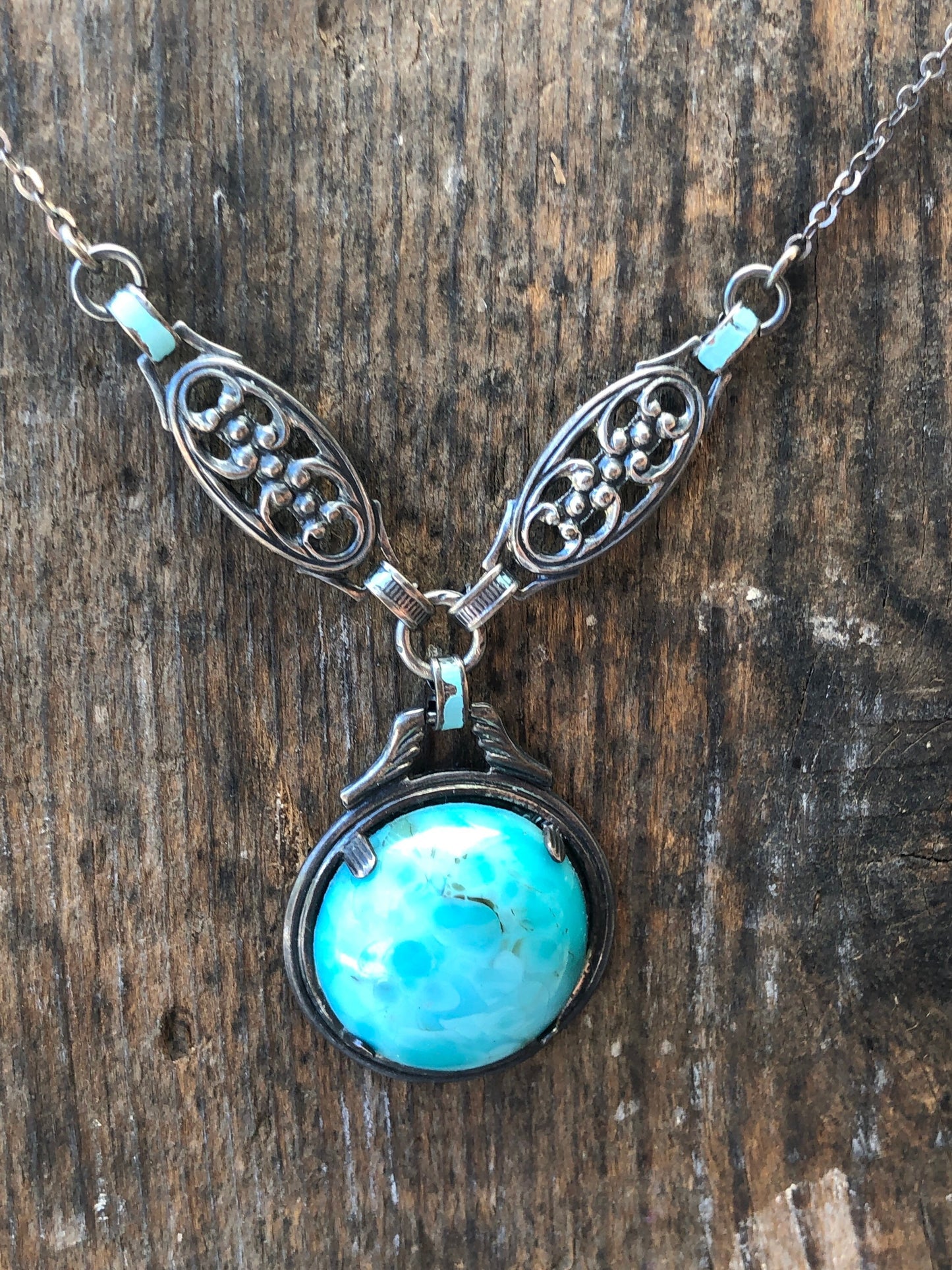 Art Nouveau Sterling Silver & Czech Art Glass Turquoise Larimar Drop Necklace with Blue Enamel.