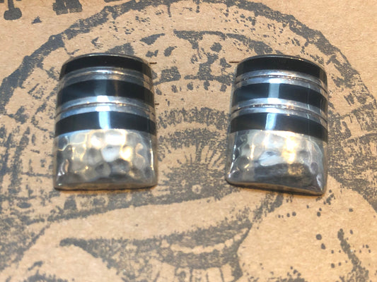 Sterling Silver Onyx Hammered Texture Mexican Taxco Stripe Post Earrings