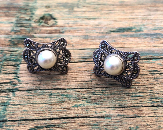 Sterling Silver & Marcasite Vintage Art Deco Pearl Stud Earrings