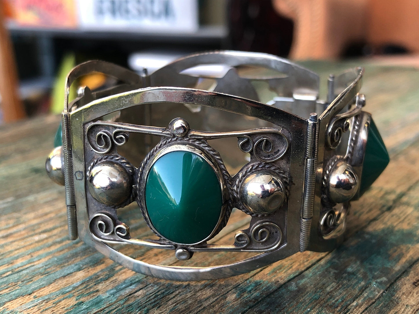 Sterling Silver Mexican Taxco Green Chrysoprase Art  & Craft Panel Link Bracelet