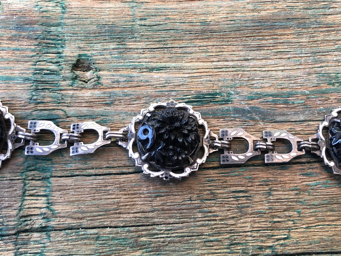 Antique Victorian Art Nouveau Silver Hand Painted Enamel & Black Molded Art Glass Flower Mourning Bracelet